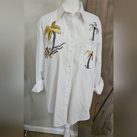 Vintage LAS OLAS Embroidered Button Down Shirt with Tropical Print White/gold. S - Picture 12 of 14